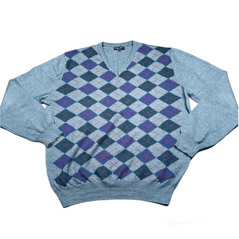 Mario Gilberti Mens Merino Wool Argyle V Neck Knit Pullover Sweater Large